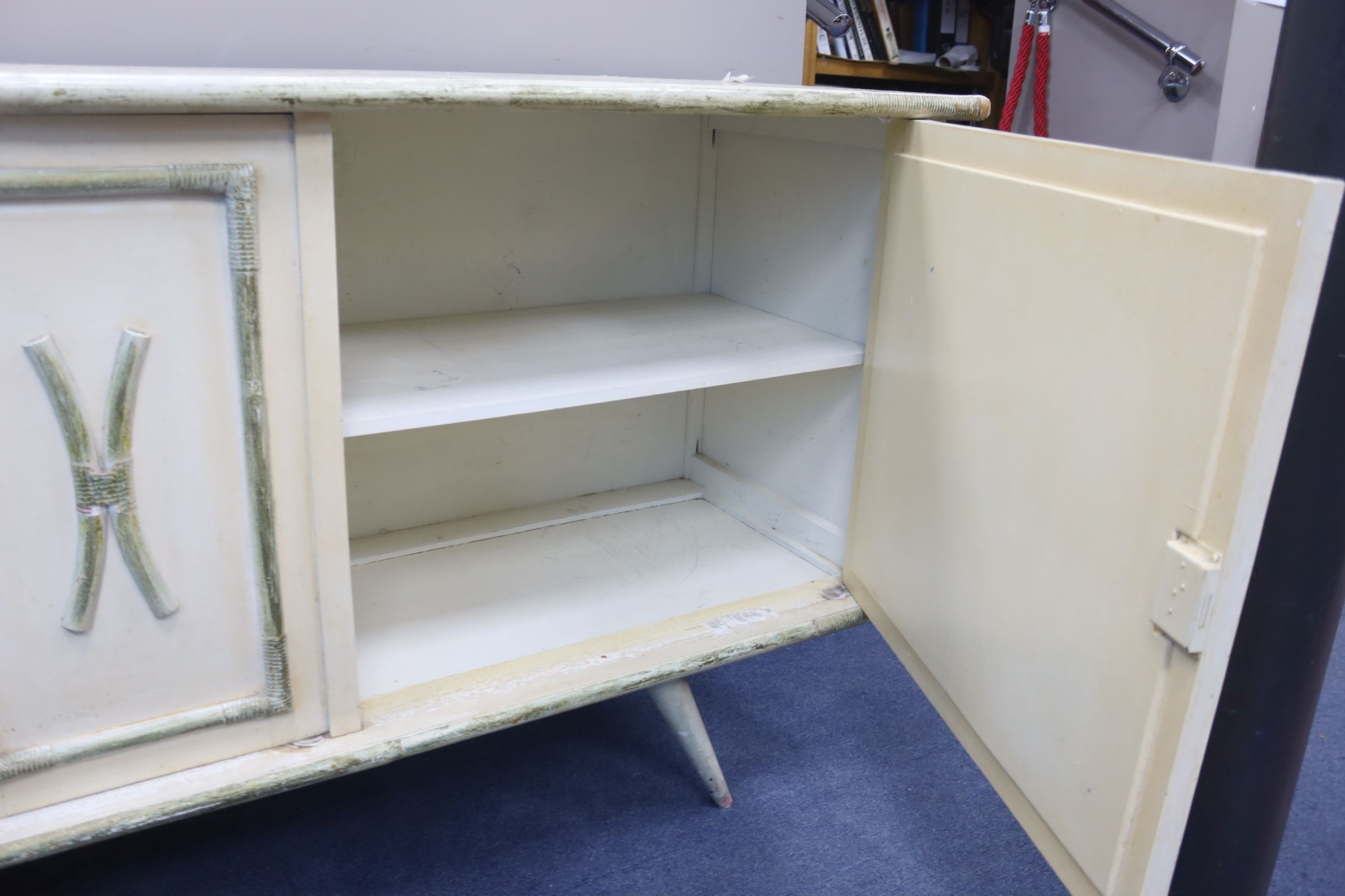 A 1950's French sideboard, length 180cm, depth 49cm, height 87cm